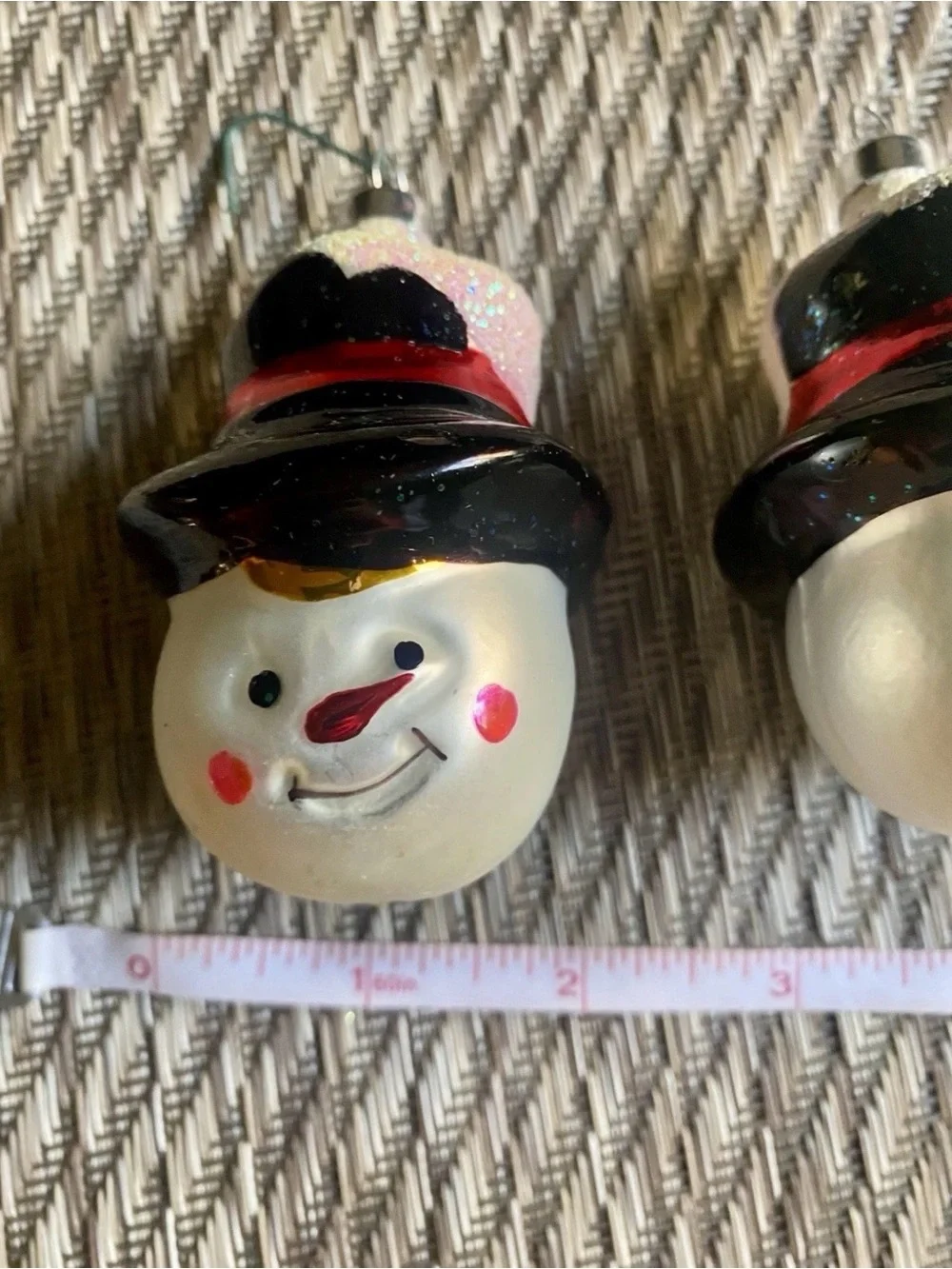 Vintage Blown Glass Snowman Head Christmas Ornaments Lot of 3 Glitter Top Hat